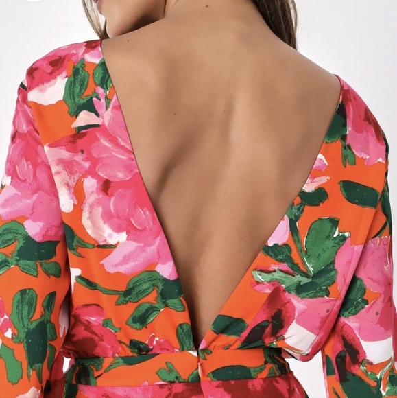 Lulu's Romper Sweetest Song Orange Floral Print Backless Long Sleeve NWT - Picture 2 of 16